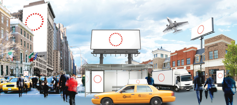 Billboard advertising locations around a bustling city
