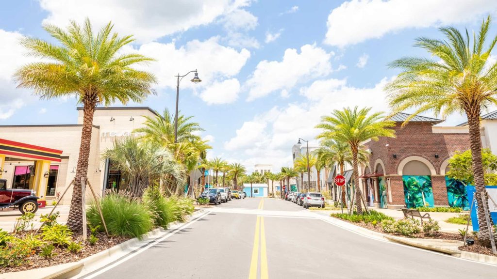 Main strip of the Promenade at Sunset Walk in Kissimmee, Florida